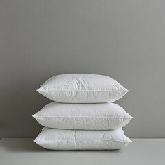 Three stacked white pillows against a gray wall, suggesting comfort and relaxation.