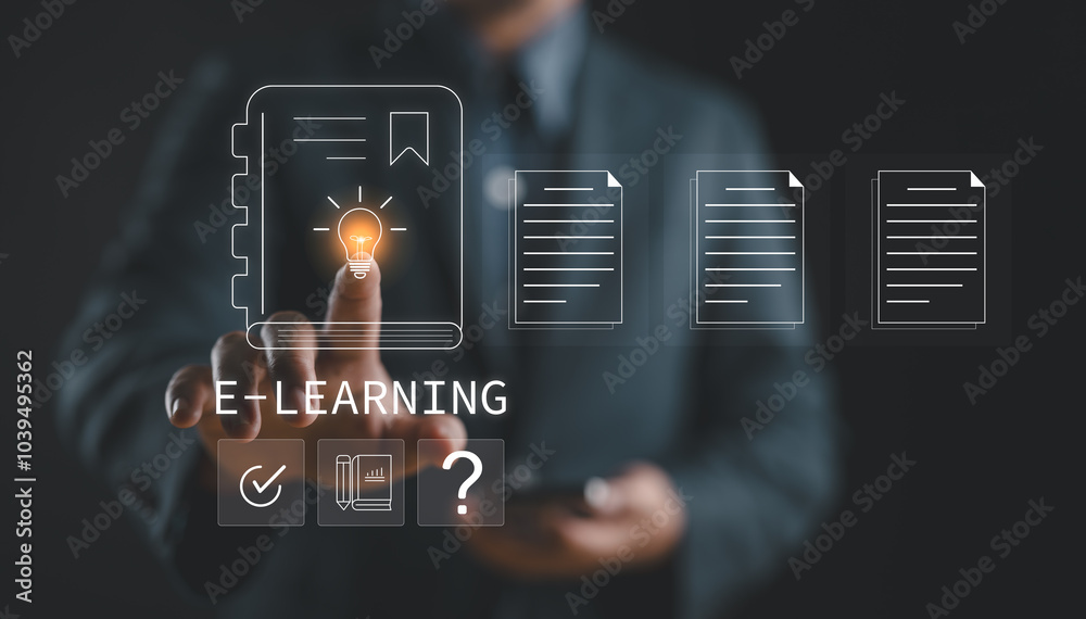 Poster e-learning program certificate and online education learning workshop training.male and female stude