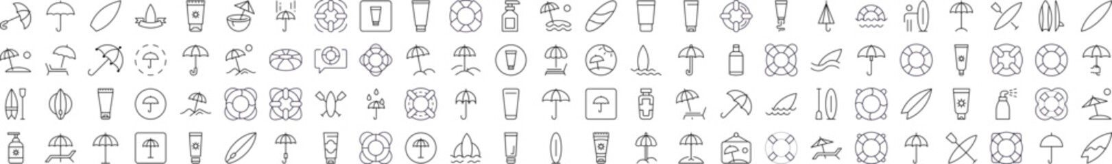 Collection of Outline Symbols of Umbrella, Sunscreen, Surfboard, Lifeline Drawn with Thin Line for apps, web sites, banners, infographics and other types of design