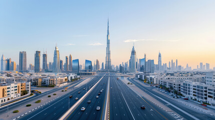 sprawling metropolis with sleek skyscrapers and stunning skyline, showcasing modern architecture and urban life. scene captures essence of vibrant city at dawn