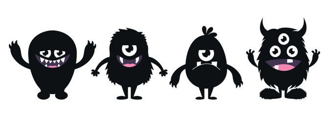 Cute cartoon monsters set. Funny black creature silhouettes in childish style. Vector illustration