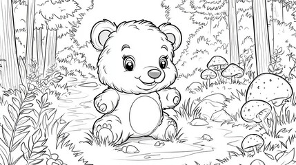 Coloring page of playful Bear Cub in a Lush Forest Setting