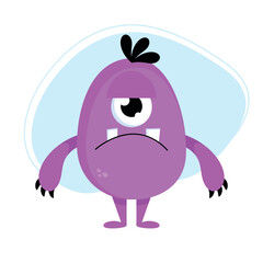 Cute cartoon sad monster. Funny purple creature in childish style isolated on white background. Vector illustration