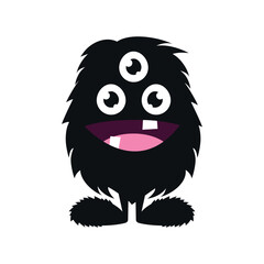 Cute cartoon fluffy monster. Funny black creature in childish style isolated on white background. Vector illustration