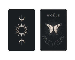 Tarot card with reverse side. The World Major Arcana symbol. Tarot symbolism. Mystery, astrology, esoteric. Vector illustration