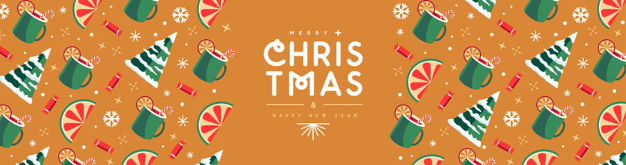 Merry Christmas and Happy New Year greeting banner with holiday attributes. Christmas background. Flat design. Vector illustration