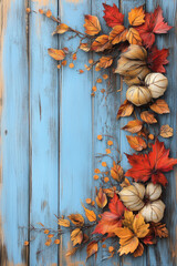 Fall leaves on blue wooden background