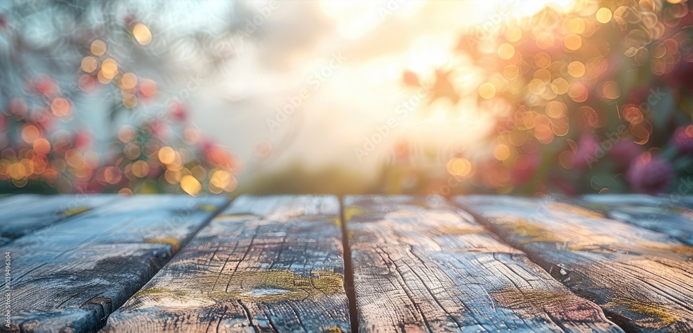 Poster top old wood table with beautiful background, template mockup for display of product.