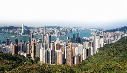Hong Kong city skyline with various skyscrapers and buildings isolated on a white background. Urban landscape template. Modern architecture concept