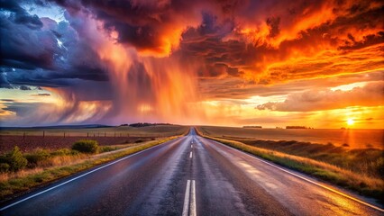 A Solitary Road Leading Through a Dramatic Sunset Sky, Bathed in the Golden Light of the Setting Sun, With Rain Falling From the Clouds