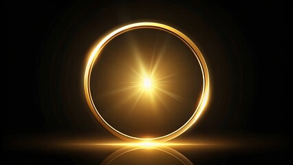 A radiant golden halo illuminating a dark space with a luminous glow reflecting on a black surface © Kukar Studio