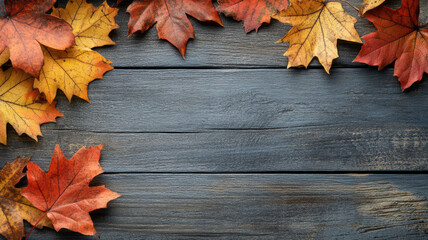 Obraz premium Autumn foliage border on blue wood