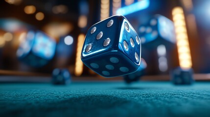 Colorful dice in motion on a green felt surface with a blurred casino background.