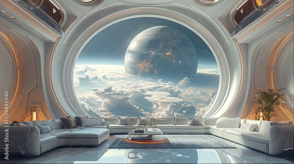Aufkleber Inside a luxury lounge in outer space, there is a planet in a large window with space clouds all around.