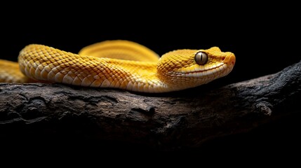 The Yellow White-lipped Pit Viper closeup on branch with black background, Yellow White-lipped Pit Viper closeup
