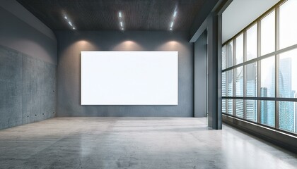Modern concrete gallery interior with blank white mock up banner on wall and windows. Museum room concept. 3D Rendering.