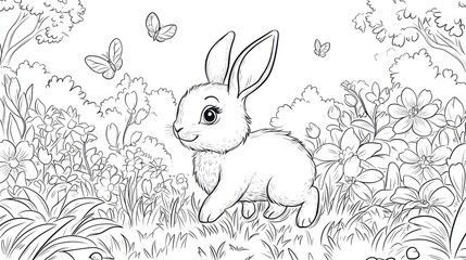 Obraz premium Coloring page of curious Rabbit Hopping Through Flower Field