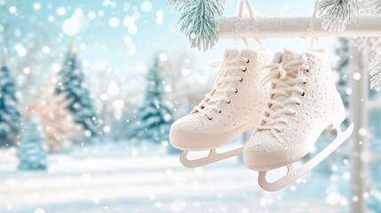 White Ice Skates Hanging on Snowy Background