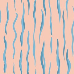 Hand drawn seamless pattern of turquoise blue abstract lines brushstrokes on beige brown background. Modern compemporary minimalist design, dune neutral calm tones, ethnic elegant style..