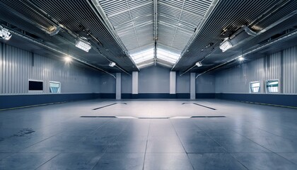 Modern garage interior with podium, ceiling and tile walls. Parking and warehouse concept. 3D Rendering.
