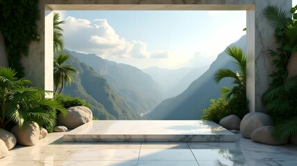 Fototapeta premium Marble stage for products located in a mountainous area with lush tropical greenery, designed for presentation