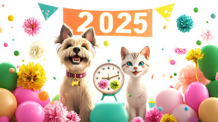 Fototapeta premium a cute dog and cat look forward to celebrating New Year