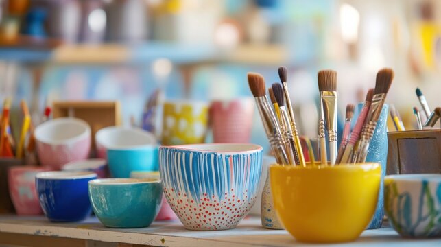 A serene ceramics painting workshop with ceramic paints and pottery, Painting tools organized on a worktable, Artistic workshop style