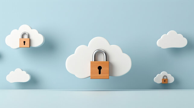 Stylized clouds with padlock symbols represent security and data protection in digital environment. This conveys sense of safety and reliability in cloud storage solutions