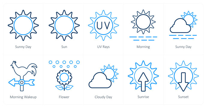 A set of 10 Weather icons as sunny day, sun, uv rays