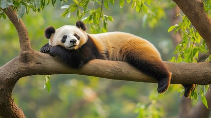 Obraz premium Lazy Panda Bear Sleeping on a Tree Branch 