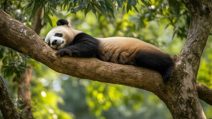 Obraz premium Lazy Panda Bear Sleeping on a Tree Branch 