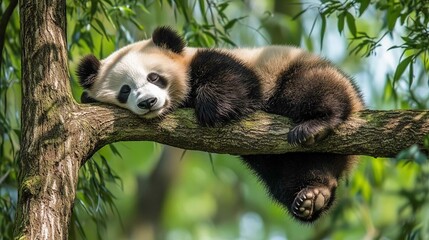 Obraz premium Lazy Panda Bear Sleeping on a Tree Branch 