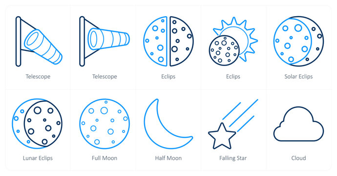 A set of 10 Weather icons as telescope, eclips, solar eclips