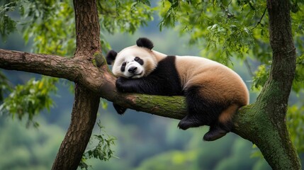 Obraz premium Lazy Panda Bear Sleeping on a Tree Branch 