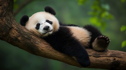 Obraz premium Lazy Panda Bear Sleeping on a Tree Branch 