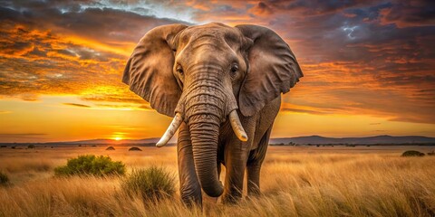 Fototapeta premium A solitary elephant with tusks stands in the grasslands, bathed in the warm hues of a majestic sunset.