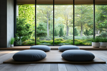 Fototapeta premium Tranquil Zen Meditation Room with Nature View