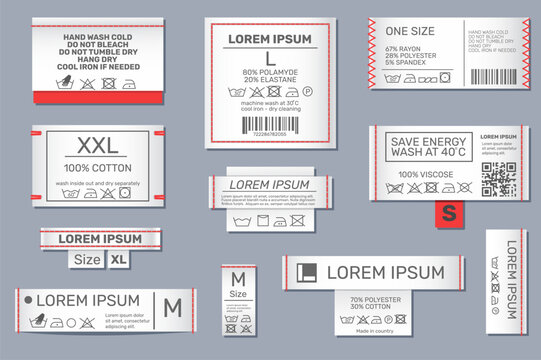Laundry information textile labels. Clothes care instructions tags. Sewn patches with seams and text. Washing manual. Clothing size. Canvas material. Fabric garment elements vector set