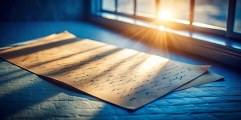 A Handwritten Letter Bathed in Golden Sunlight, Resting on a Rough Wooden Surface, With a Window Behind Casting a Warm, Bright Glow