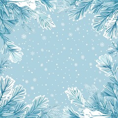 Light blue watercolor background with whimsical white snowflakes and pine branches, creating an inviting winter scene. Perfect for wallpaper, holiday cards, or festive decor elements.