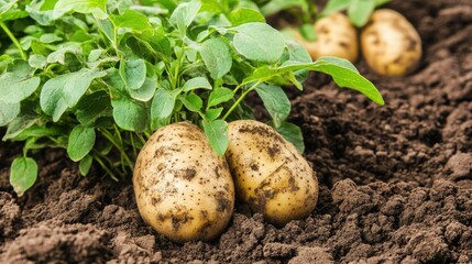 Fresh Potatoes Growing in Rich Soil