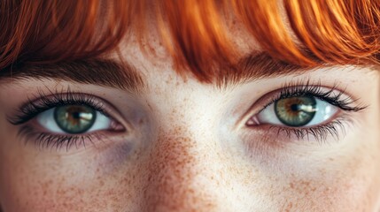 Obraz premium A tight shot of a woman's freckled face, framed by her unruly locks of red hair, and her bright blue eyes gleaming in the frame