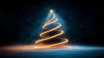 Obraz premium Glowing Christmas tree with lights against a dark, snowy background.