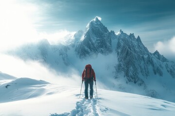 A hiker trekking through snowy terrain with jagged mountains in the background during winter