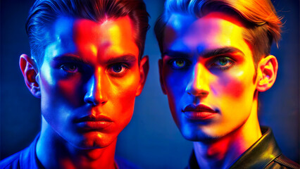 Obraz premium Two young men with intense expressions in vibrant red and blue lighting