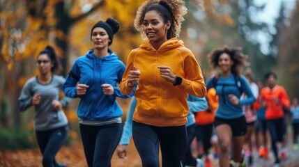 A group of people on a jog in the park . A team of runners at a morning workout