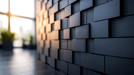 A modern, minimalist interior with a wall made of black rectangular tiles. The wall is lit by the warm light from a window, creating a dramatic contrast.