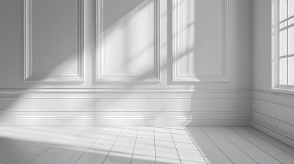 Fototapeta premium A bright, white room with wainscoting and large windows, creating a clean and minimalist aesthetic.