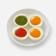A plate featuring four halved boiled eggs with different sauces.