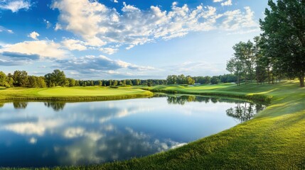 A serene composition featuring a tranquil golfing scene, Pristine golf course impeccably landscaped, Classic editorial style